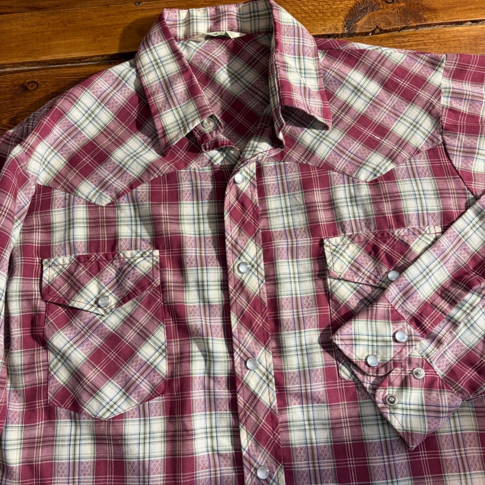Vintage Dutchmaid Plaid Pearl Snap Shirt Men 15/33 MED Lurex Gold Stripe USA 70s
